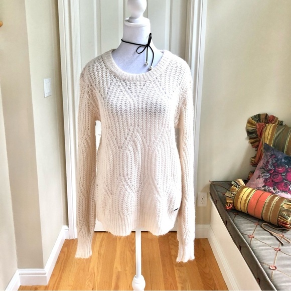 Sold Abercrombie & Fitch Sweater Ivory Open Weave Fisherman Style Crew Neck (L) - Picture 2 of 7